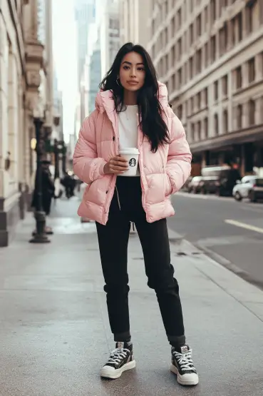 pink puffer jacket outfit